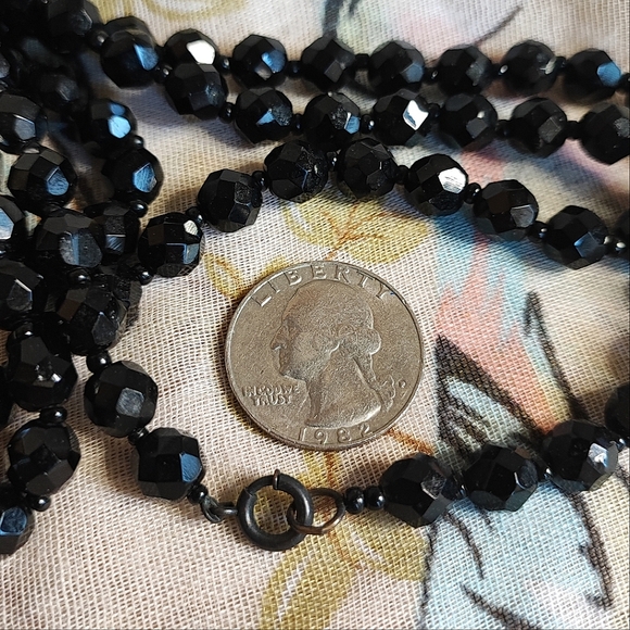 Vintage Antique Jet Black Glass Faceted Extremely Long Strand Beaded Necklace - Picture 4 of 7